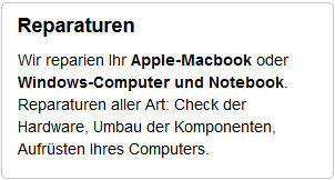 REPARATUREN : Wir reparien Ihr Apple-Macbook, Apple iMac, Windows-Computer oder Notebook. Reparaturen aller Art: Check der Hardware, Umbau od. Aufrüstung